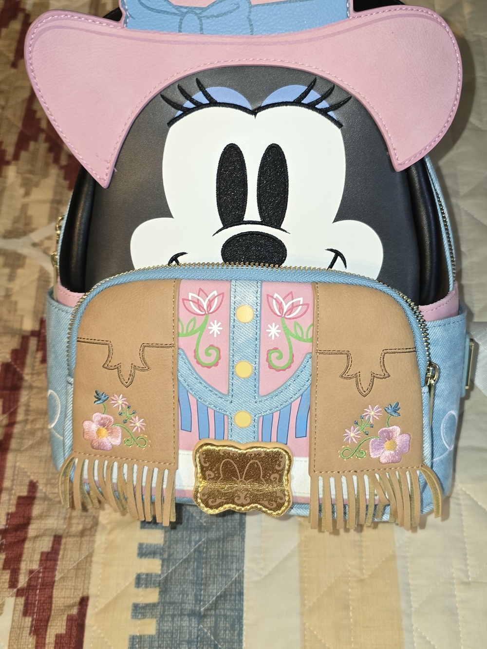 Disney Minnie Mouse Cowgirl Backpack — Pink, Black, Blue & Tan